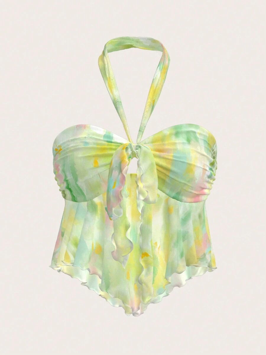 Sweetina Women's Y2K Tie-Dye Printed Halter Neck Bandeau Top - Green - View 1