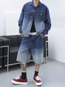 Manfinity Roghcode 男士春夏季加大碼休閒水彩染洗夾克和短褲牛仔套裝 - 深色水洗藍 - 查看 1