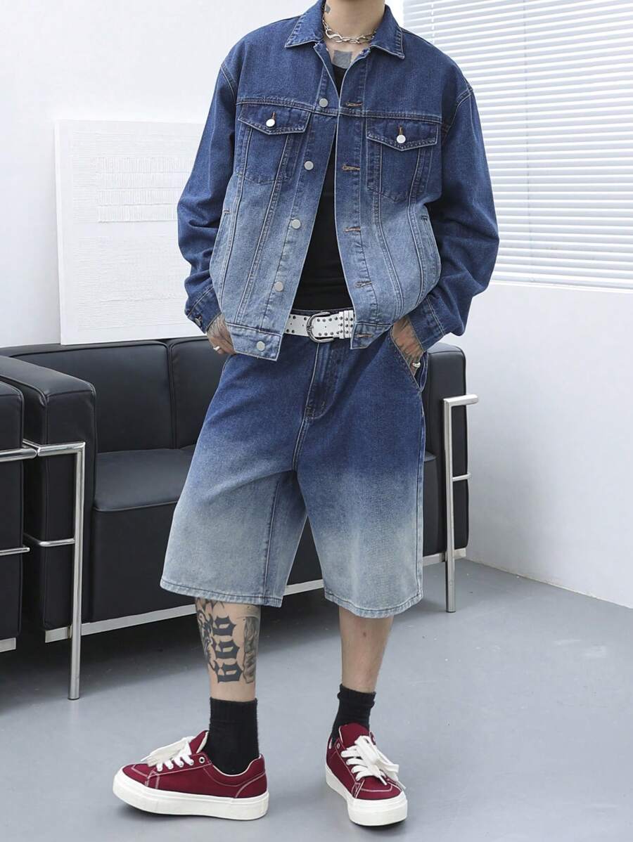 Manfinity Roghcode 男士春夏季加大碼休閒水彩染洗夾克和短褲牛仔套裝 - 深色水洗藍 - 查看 1