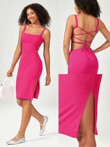 GLOWMODE FeatherFit™-Air 交叉后系带开叉运动中长连衣裙，内置胸罩，低冲击瑜伽日常 - 熱帶粉紅色 - 查看 8