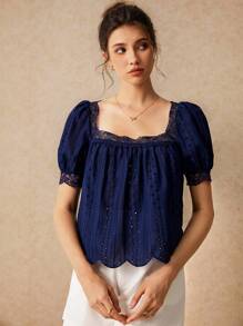 Poéselle Exquisite Floral Embroidery, Square Neck Lace Trim Puff Short Sleeve Scalloped Eyelet Design Blouse, Blue Shirt, Summer Women Dresses, Cute Tops, Women Clothes, Navy Blue Shirt, Homecoming Dresses - Navy Blue - View 4