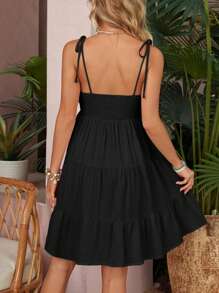 SHEIN VCAY 女款純色度假休閒細肩帶連身裙 - 黑色 - 查看 2