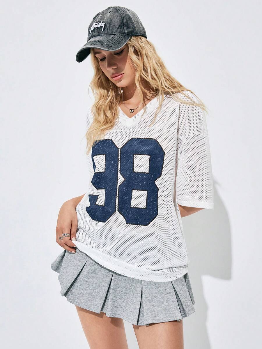 Flirla Dames Oversized Mesh Baseball Jersey Tee Shir Met Letter Print Grafische Tees Dames Tops - Donker blauw - Bekijken 1