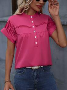 SHEIN LUNE Summer Casual Solid Color Pintucked Batwing Sleeve Shirt - Hot Pink - View 5