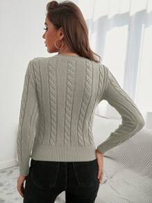 EURMUSE Áo len chui đầu dài tay ôm vừa vặn họa tiết cáp màu trơn cho nữ, Thu/Đông - Màu be - Xem 2