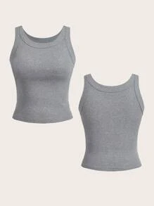 SHEIN Essnce Women's 2pcs Value Pack Ribbed Thickened Bra Camisole Sleeveless Top, Wear As Inner Or Outerwear Solid Color Posture Correcting Camisole