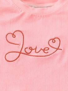 Baby Girls' Coral Pink Simple & Casual Embroidered Pants & Short Sleeve Homewear Set - Coral Pink - View 4
