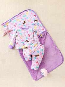 SHEIN Setelan Atasan Lengan Panjang dan Celana Motif Putri Duyung untuk Bayi Perempuan dengan Selendang, Gaya Sederhana, Pakaian Rumahan - Purple - View 1