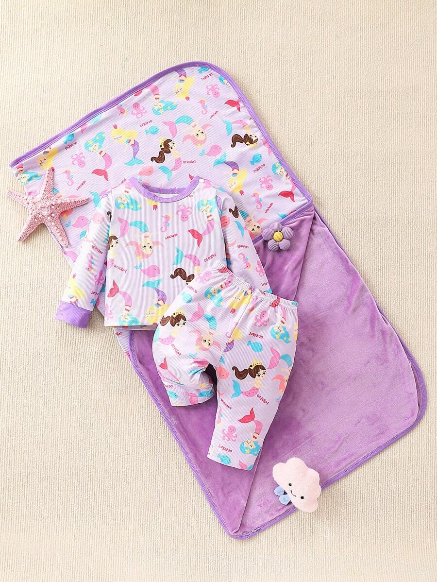 SHEIN Setelan Atasan Lengan Panjang dan Celana Motif Putri Duyung untuk Bayi Perempuan dengan Selendang, Gaya Sederhana, Pakaian Rumahan - Purple - View 1