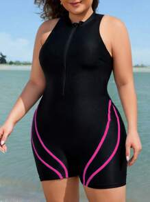 Swim SPRTY 大码拼色无袖连体泳衣，前拉链，夏季连体泳衣，适合休闲度假 - 玫紅色 - 查看 3