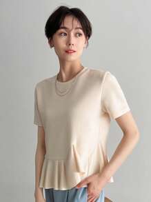 FRIFUL 女款夏季純色圓領短袖T恤，有褶邊設計 - 杏色 - 查看 10
