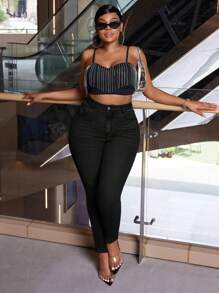 SHEIN SXY Plus-Size Stretchy Denim Skinny Pants - Black - View 5