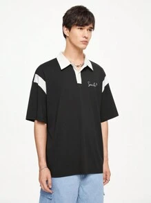 Chillumni Áo thun polo công sở ngắn tay mùa hè dành cho nam có chữ màu tương phản Back To School - Đen và trắng - Xem 4