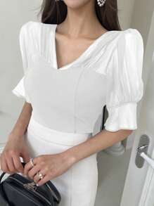 DAZY Women's Solid Color Patchwork V-Neck Lace Short Sleeve Ruffle Hem Shirt, Casual Daily Wear - White - View 1