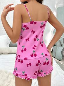 Conjunto de pijama para mujer con impresión de cerezas, compuesto de top de tirantes, shorts y top para uso diario
