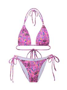 SHEIN Swim Conjunto de bikini rosa de dos piezas con estampado floral de verano, Copa triangular, impresión aleatoria