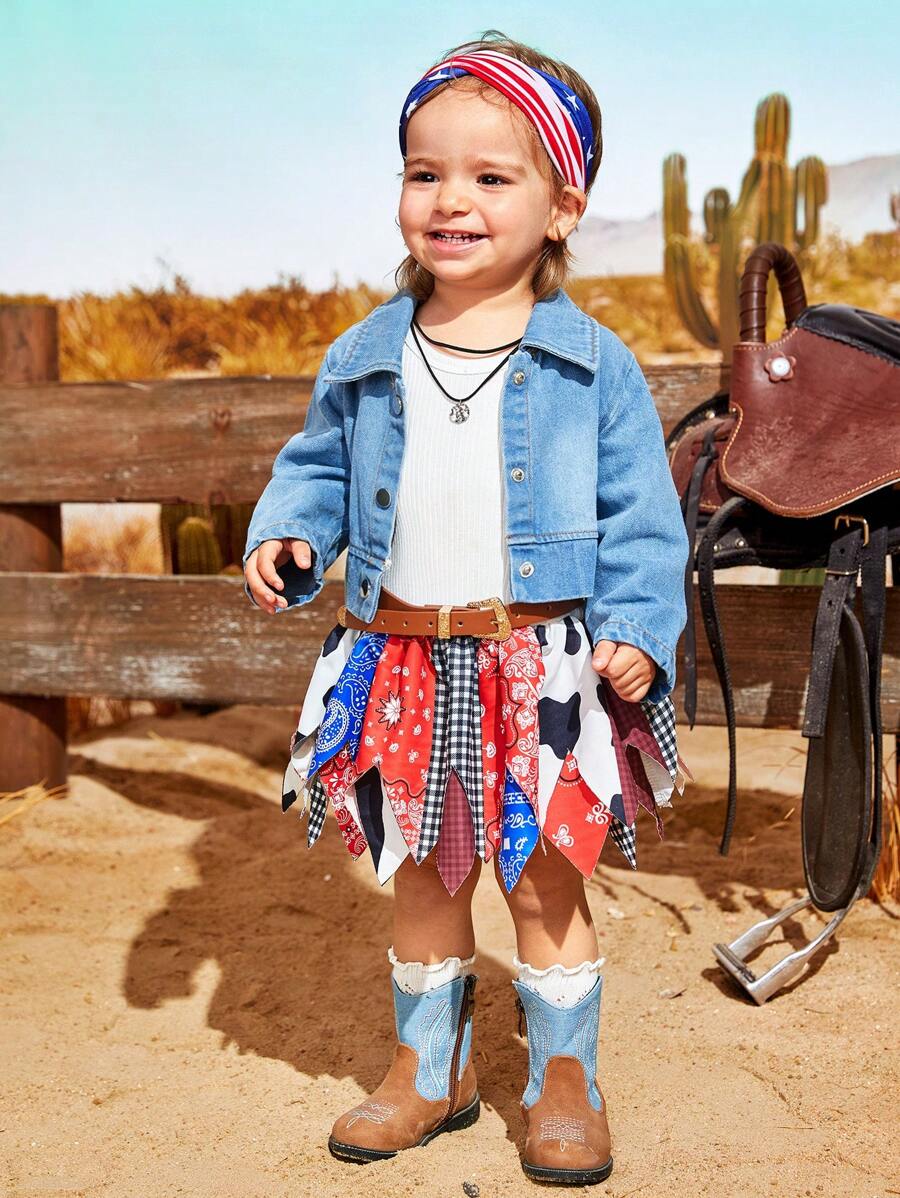 SHEIN 2pcs Baby Girls' Autumn Western Cowgirl Style Denim Outfits, Cool & Cute Daily Casual Set