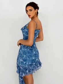 Aloruh Sleeveless Mesh Contrast Fringe Hem Denim Effect Women's Dress For Romantic Date - Blue - View 2
