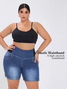 Flexra Quần short denim bó sát cỡ lớn dành cho nữ có túi - Rửa trung bình - Xem 6