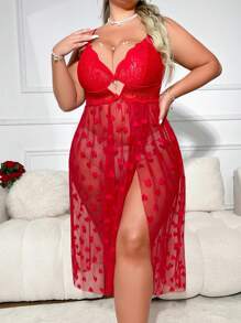 Pearl Chain Decorated Heart-Shaped Lace Plus Size Sexy Camisole Sleeping Dress - Burgundy - View 3