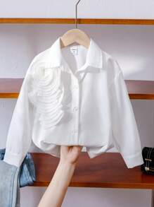 SHEIN Áo cánh thường ngày họa tiết hoa 3D cho bé gái màu trắng, thích hợp mặc hàng ngày, hoạt động ngoài trời, mùa xuân/hè - Màu xanh lam - Xem 1