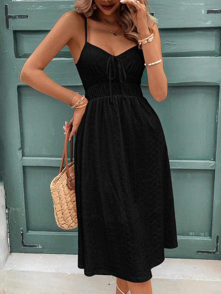 SHEIN Frenchy Váy suông nữ có dây đeo spaghetti, Váy cami chữ A dài, Váy mùa hè có lớp lót, Cảm giác đi nghỉ mát, Váy thêu thẩm mỹ Cottagecore - màu đen - Xem 1