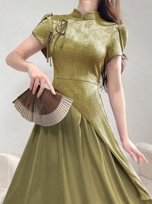 Modelyn فستان سهرة طويل أنيق للنساء، بطبعات جاكار صيفي، طبقات ياقة عالية وأكمام بتلة