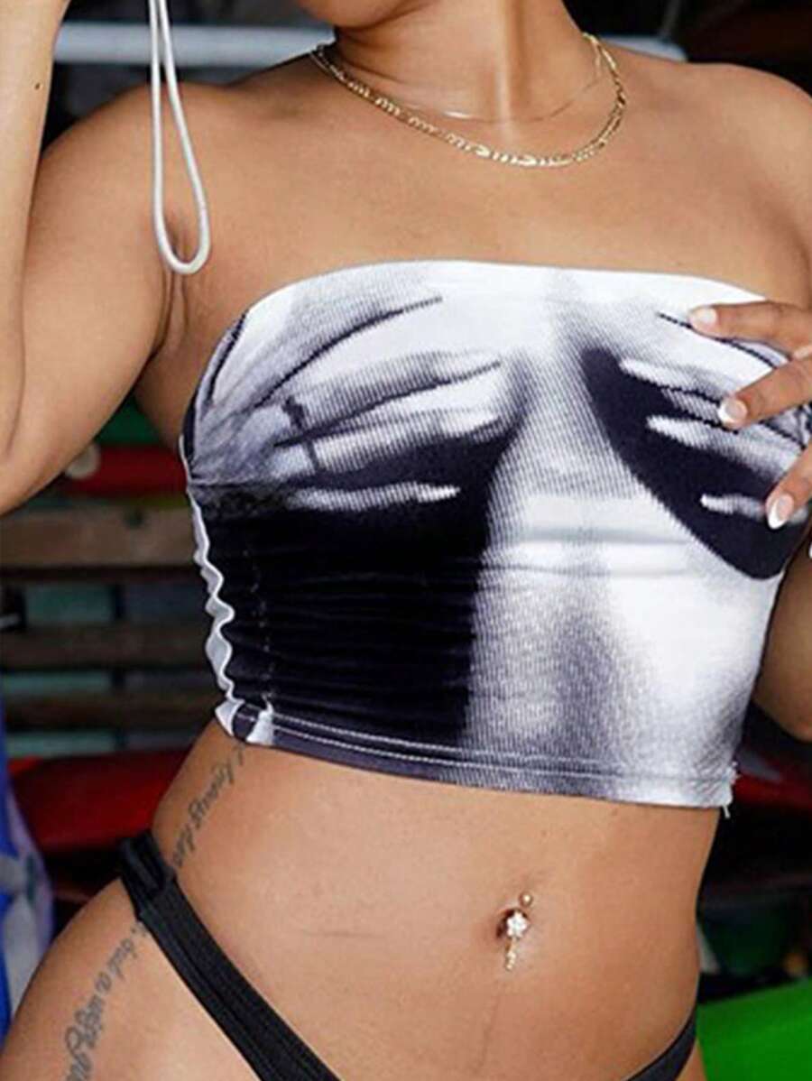 SHEIN SXY 女士簡單印花無肩帶上衣 - 黑與白 - 查看 1