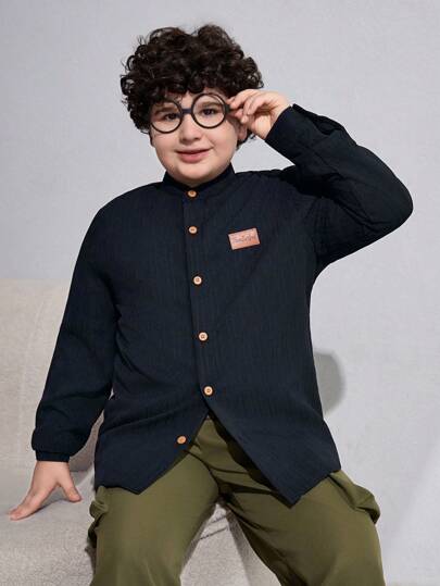 SHEIN Tween Boys Extended Size Jacquard Tyg Patch Applikerad långärmad skjorta för höst/vinter