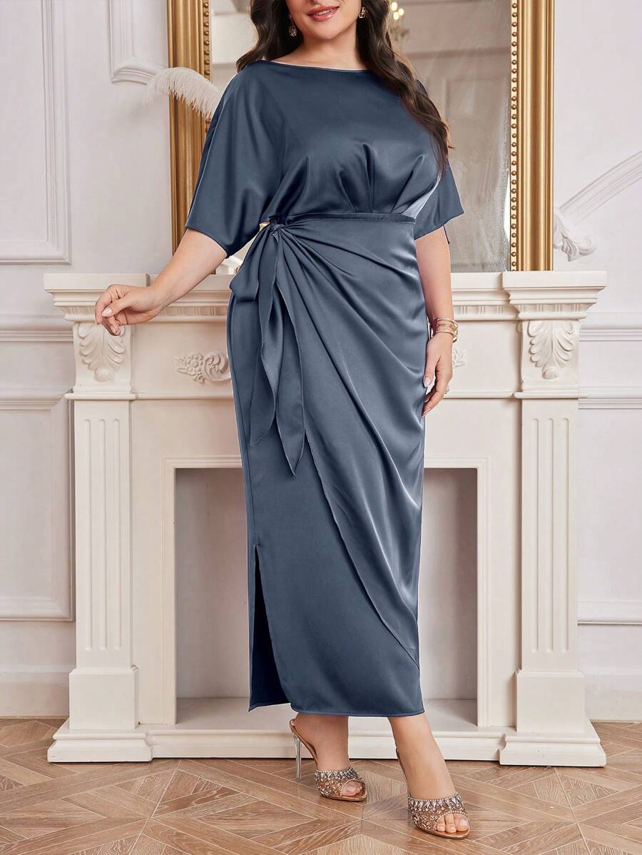 Modelyn Plus Size Women's Elegant Solid Color Round Neck Batwing Sleeves Side Knot Long Dress, Summer Long Evening Dresses - Dusty Blue - View 1