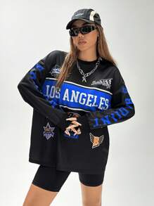 SHEIN Coolane Women's Vintage Back To School Football Street Cool T-Shirts, Y2K Fall Long Sleeve Loose Fit Tee With Sports Motorcycle Print - Black - View 4