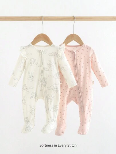 Cozy Pixies 新生兒女寶寶，2入組可愛針織柔軟圓領長袖連腳爬服套裝，帶有花朵和雲羊圖案