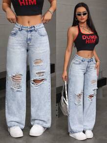 SHEIN EZwear Women's Casual Loose-Fit Wide-Leg Denim Pants With Distressed Pockets - Light Wash - View 1