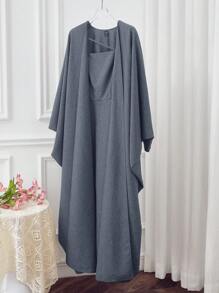 Al Najma Women's Solid Color Simple Daily Long Sleeve Jacket And Dress Two-Piece Set - Dusty Blue - View 8