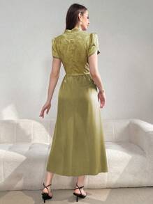 Modelyn فستان سهرة طويل أنيق للنساء، بطبعات جاكار صيفي، طبقات ياقة عالية وأكمام بتلة