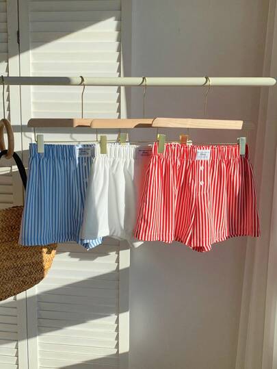 Comfortcana 3入組女性釦子條紋印花時尚寬鬆舒適短袖套裝