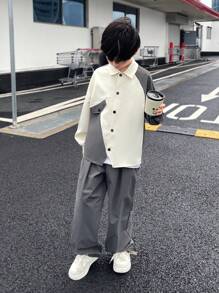 SHEIN Little Byeori 童裝休閒韓版可愛拼接下襬對比色釦領針織衫和純色梭織褲兩件套