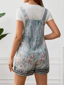 SHEIN Bộ đồ liền thân in hoa cổ điển mùa hè dành cho bà bầu có dây đeo vai có thể điều chỉnh - Màu xanh bụi bặm - Xem 2