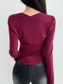 DAZY 女式春夏季單色方領長袖修身褶皺T恤