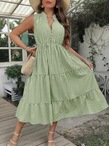 SHEIN Clasi 大尺碼女性夏季條紋無袖V領高衩連身休閒長裙 - 彩色 - 查看 1