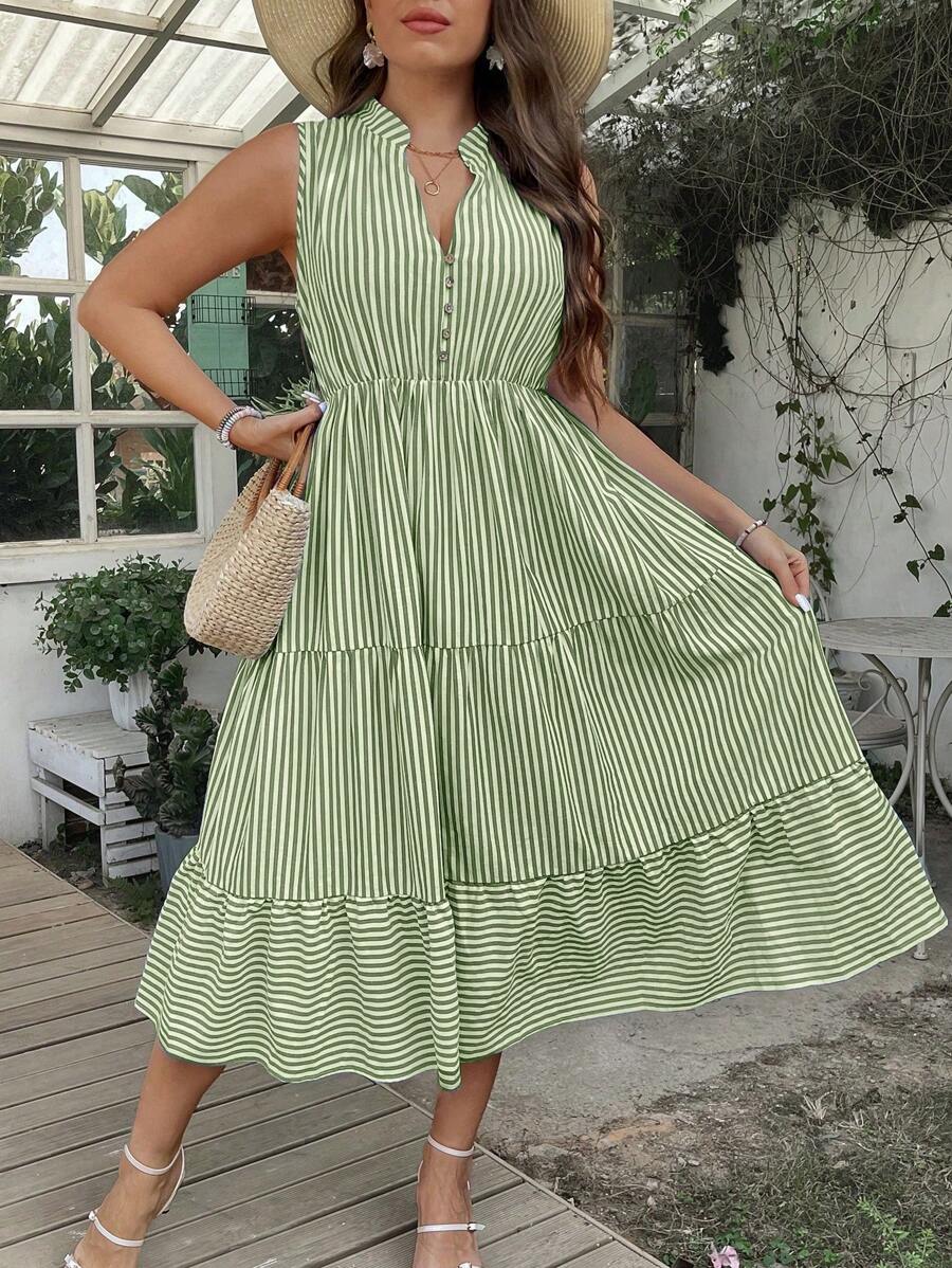 SHEIN Clasi 大尺碼女性夏季條紋無袖V領高衩連身休閒長裙 - 彩色 - 查看 1