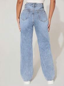 SHEIN PETITE High-Waisted Ripped Loose Y2K Autumn And Winter Warm Jeans Thermal Denim - Baby Blue - View 2