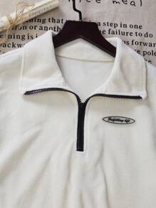 Teen Girls' Casual Fashionable Half Zip Stand Collar Fleece Pullover, With Letter Badge, For Autumn/Winter, Suitable For Traveling And School/Work Commute - Apricot - View 4