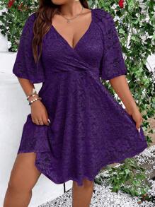 DreamSkyne Vestido de verano elegante de talla grande de unicolor con cintura ajustada de encaje - Morado - Ver 3