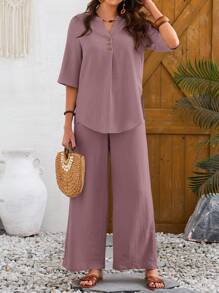 EMERY ROSE Bộ trang phục thường ngày 2 món áo thun cổ chữ V màu trơn mùa hè cho nữ và quần dài - Bụi hồng - Xem 3