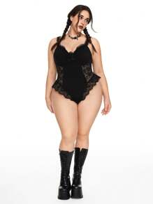 ROMWE Plus Size Ultra Sexy Lace 3D Rose Bodysuit - Black - View 2