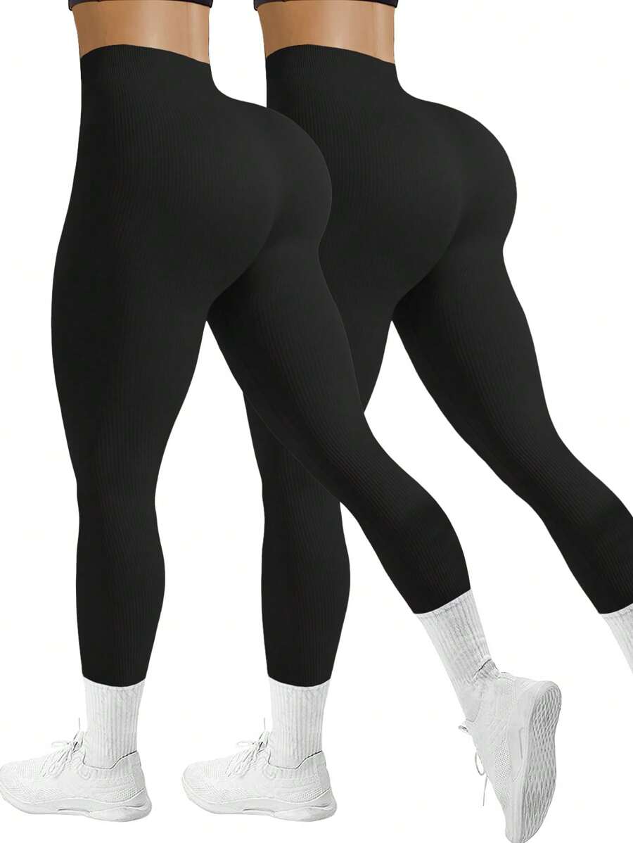 Easithlete 女士纯色运动紧身裤氨纶瑜伽裤 - 黑色 - 查看 1