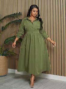 Slaydiva Plus Size Elegant & Commuting & Daily Wear Half-Opening Green Shirt Style Long Dress With Waist Belt, Spring & Autumn - Army Green - View 6
