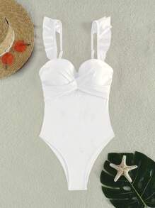 Swim Vcay Women's Solid Color Lace Shoulder Strap Hollow Out Simple One-Piece Bra (With Underwire And Steel Support) Summer - White - View 5