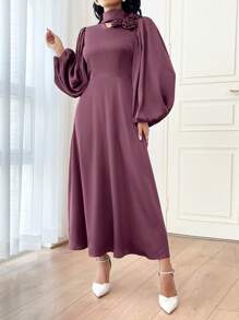 Modelyn Women's Fall Elegant Maroon Solid Color Long Sleeve Floral Applique Dress